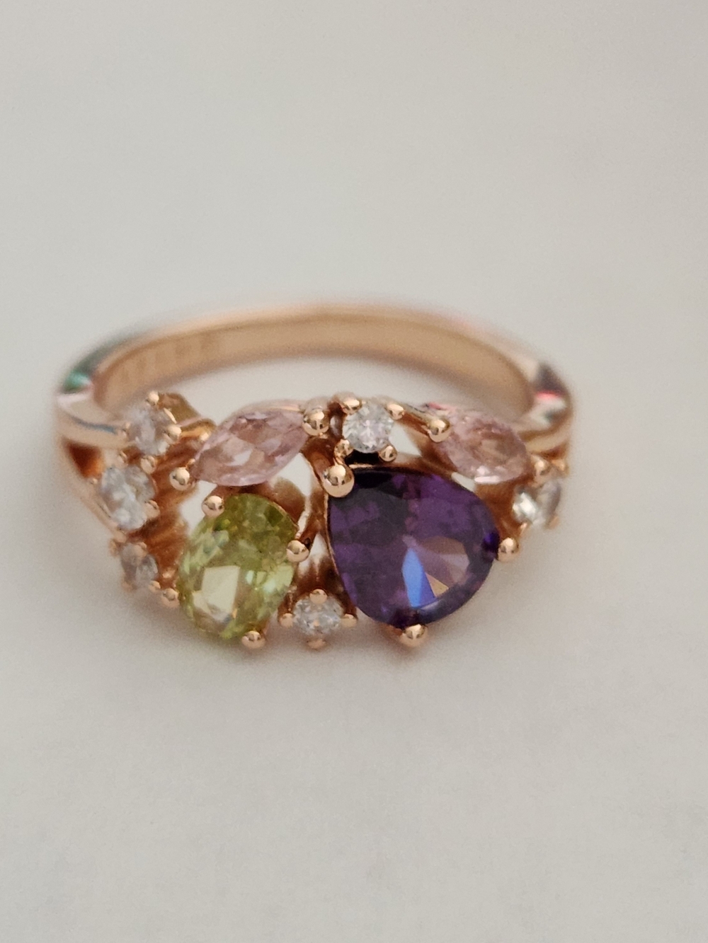 New 14K Gold Plated Amethyst Peridot Pink Sapphire Diamond Ring for Women